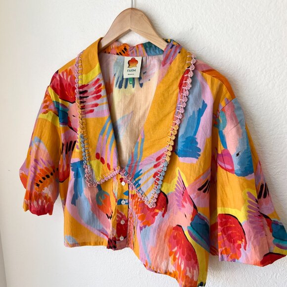 FARM RIO Neon Macaw Bird Print Collar Puff Sleeve Cropped Blouse Size M - Picture 4 of 6